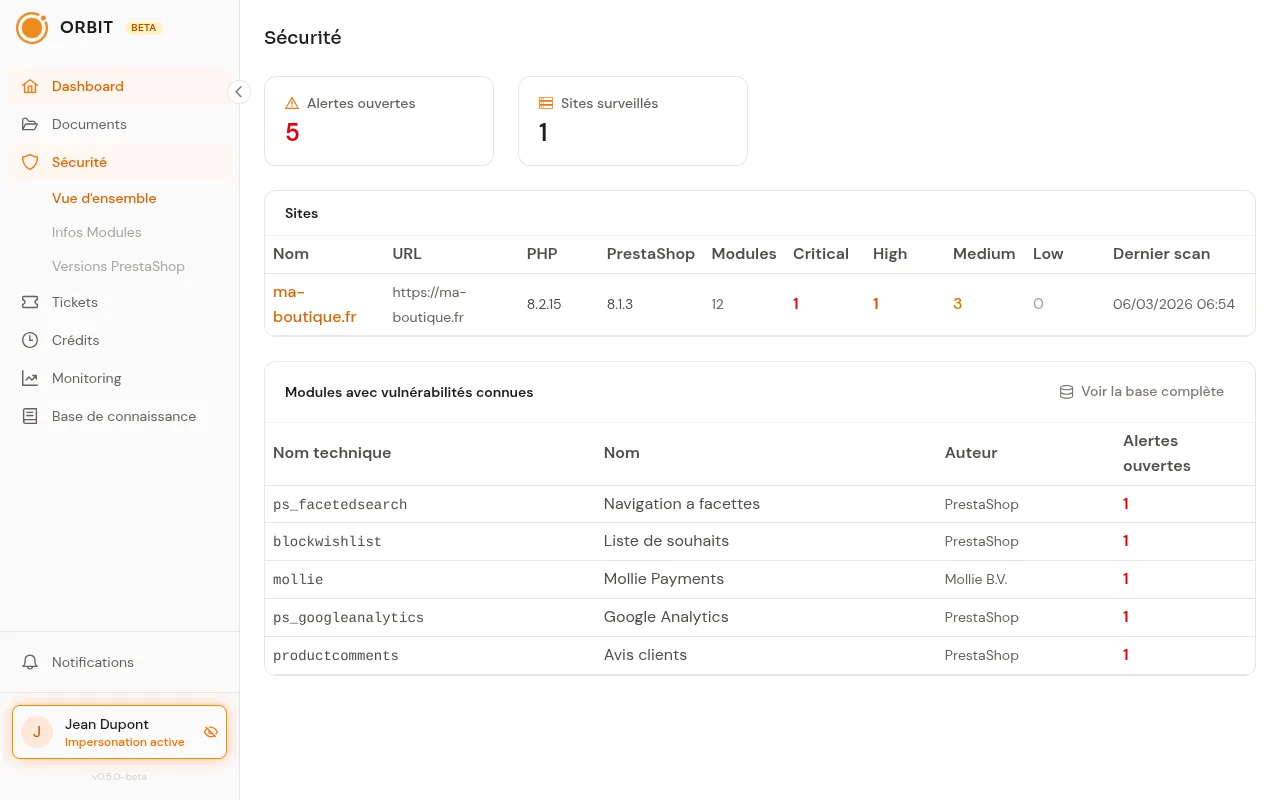 Tableau de bord Orbit : sécurité des modules et des versions