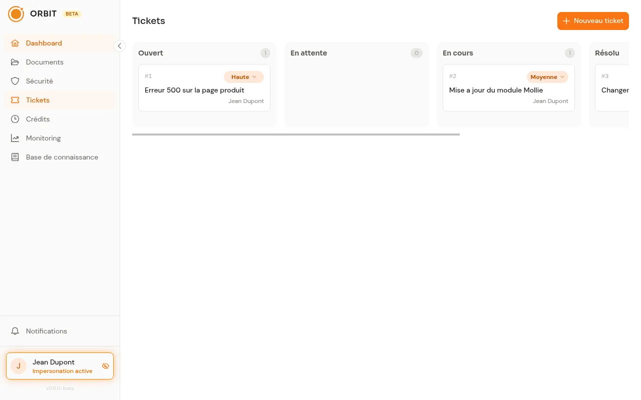 Tableau de bord Orbit : tickets et support