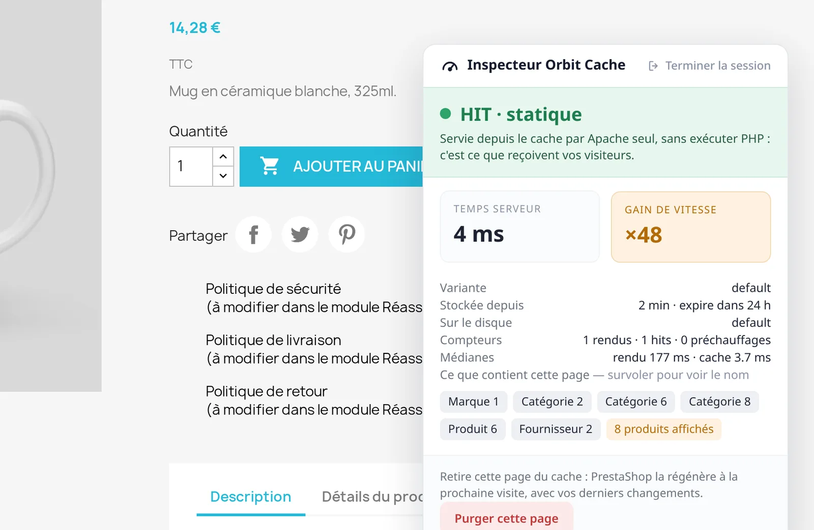 L'inspecteur en direct : sur chaque page de votre boutique, l'état du cache et le gain de vitesse