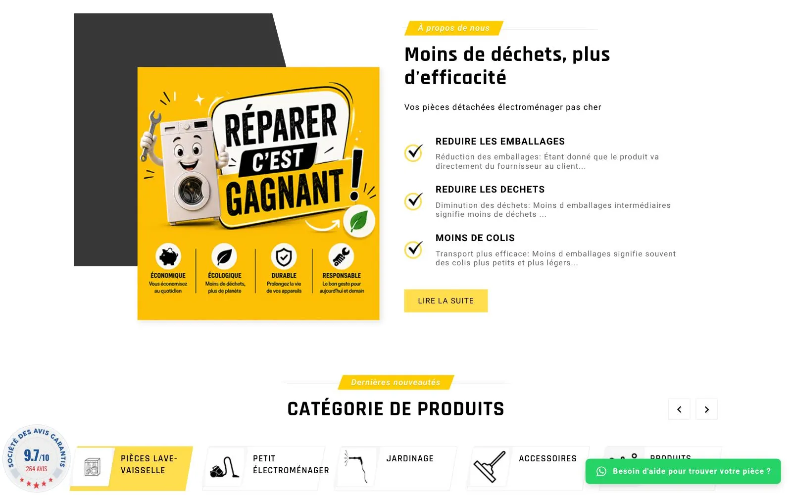 Page d'accueil de Francopieces, boutique de pièces détachées d'électroménager : « Moins de déchets, plus d'efficacité »