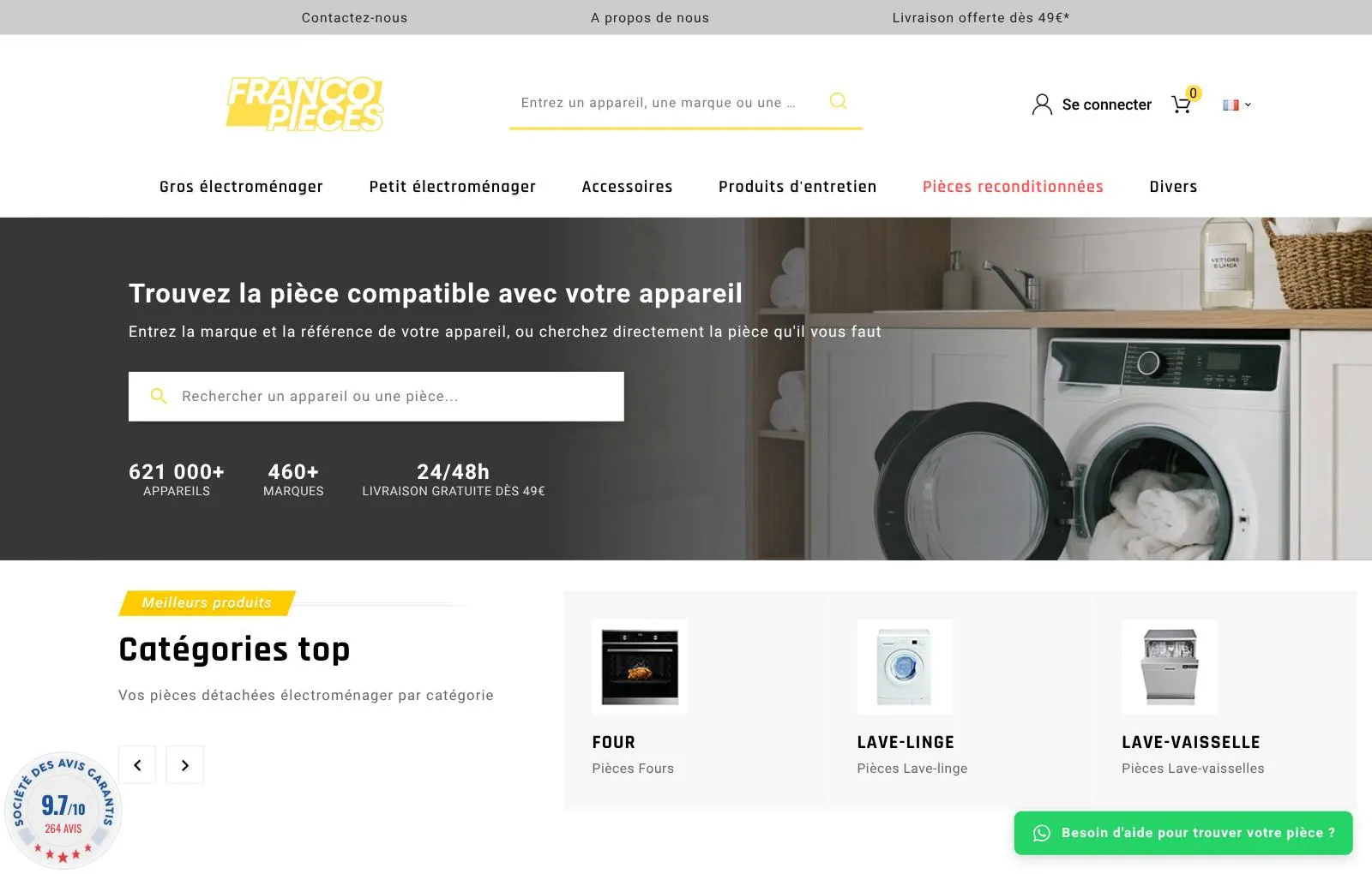 Page d'accueil de Francopieces : le champ de recherche pour trouver la pièce compatible avec son appareil