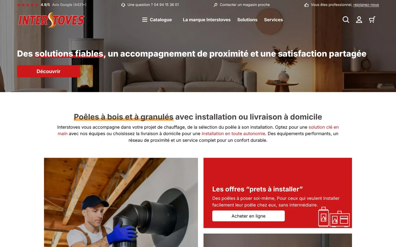 Page d'accueil de la boutique Interstoves : poêles à bois et à granulés, avec installation ou livraison à domicile