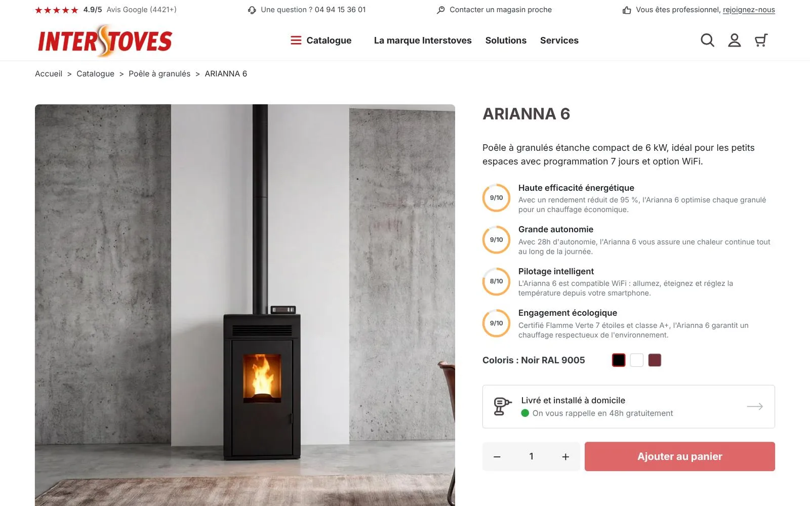 Fiche produit de la boutique Interstoves : le poêle à granulés Arianna 6, ses quatre notes et le bouton Ajouter au panier