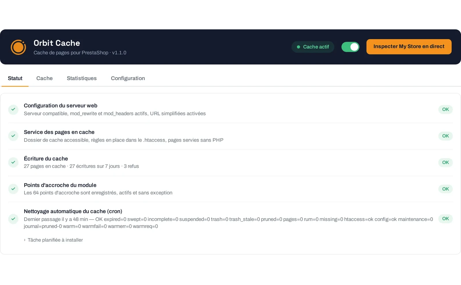 L'onglet Statut d'Orbit Cache : le serveur, le service des pages, l'écriture et le nettoyage du cache, tous au vert